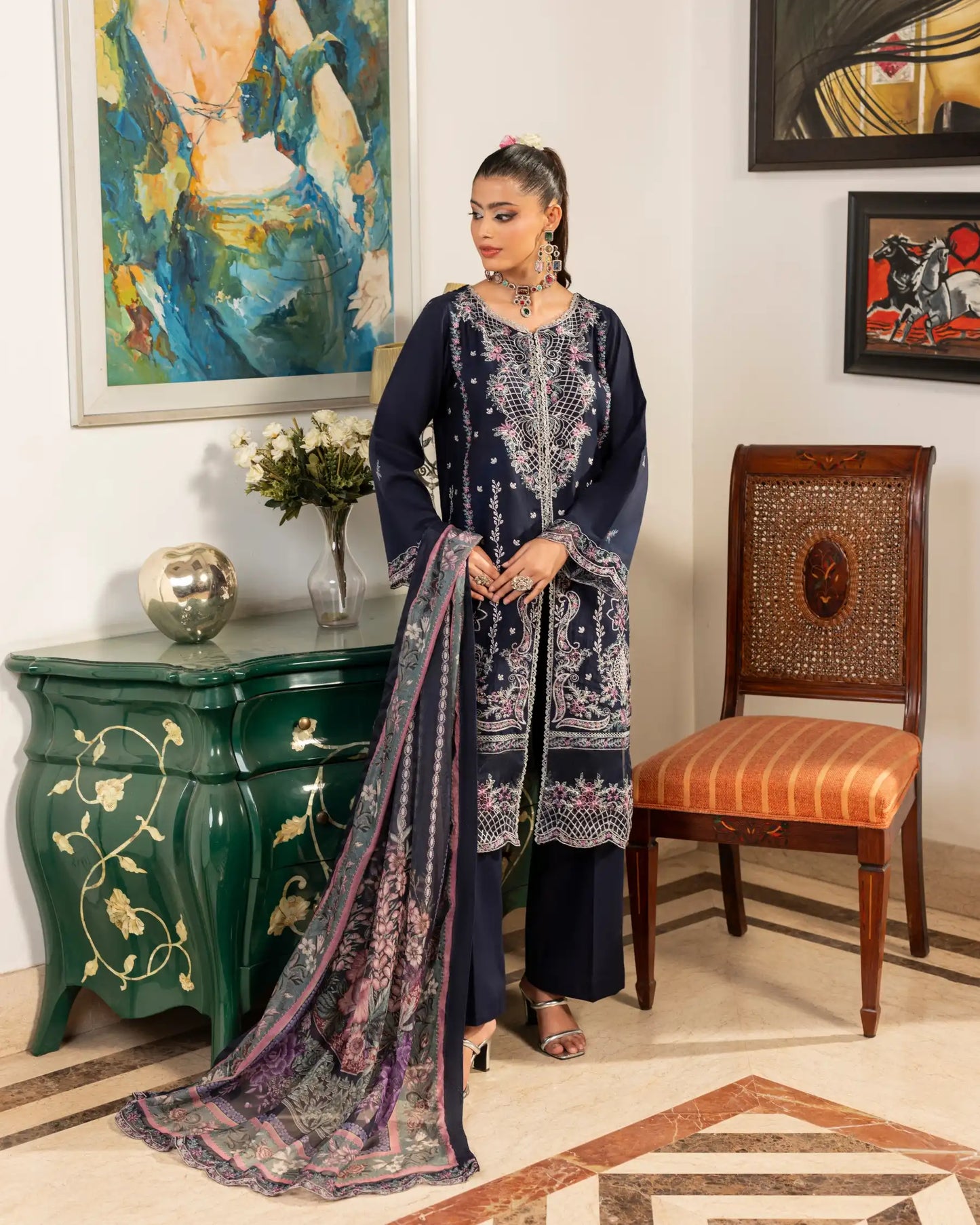 GP-LW-002 - Stitched 3 Piece Embroidered Lawn Suit with Digital Printed Dupatta