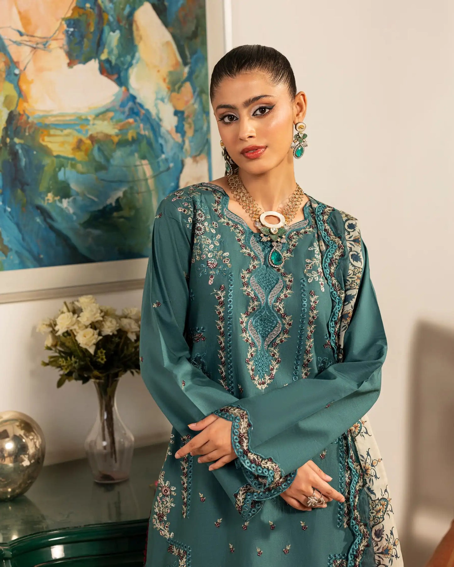 GP-LW-001 - Stitched 3 Piece Embroidered Lawn Suit with Digital Printed Dupatta