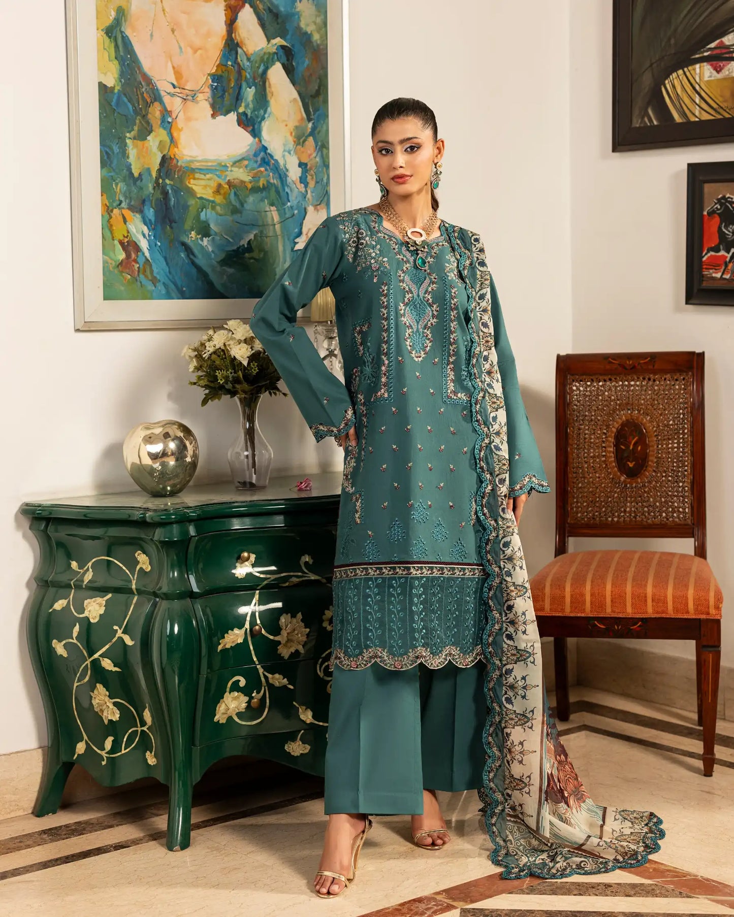 GP-LW-001 - Stitched 3 Piece Embroidered Lawn Suit with Digital Printed Dupatta