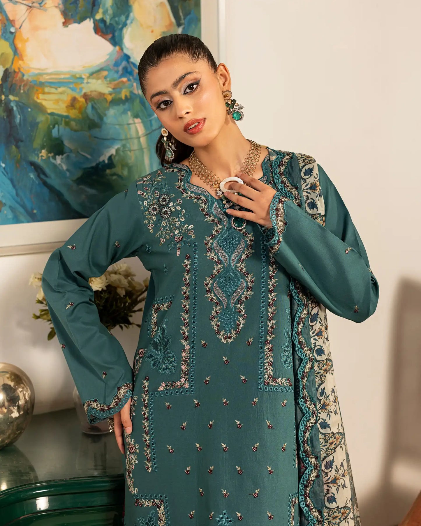 GP-LW-001 - Stitched 3 Piece Embroidered Lawn Suit with Digital Printed Dupatta